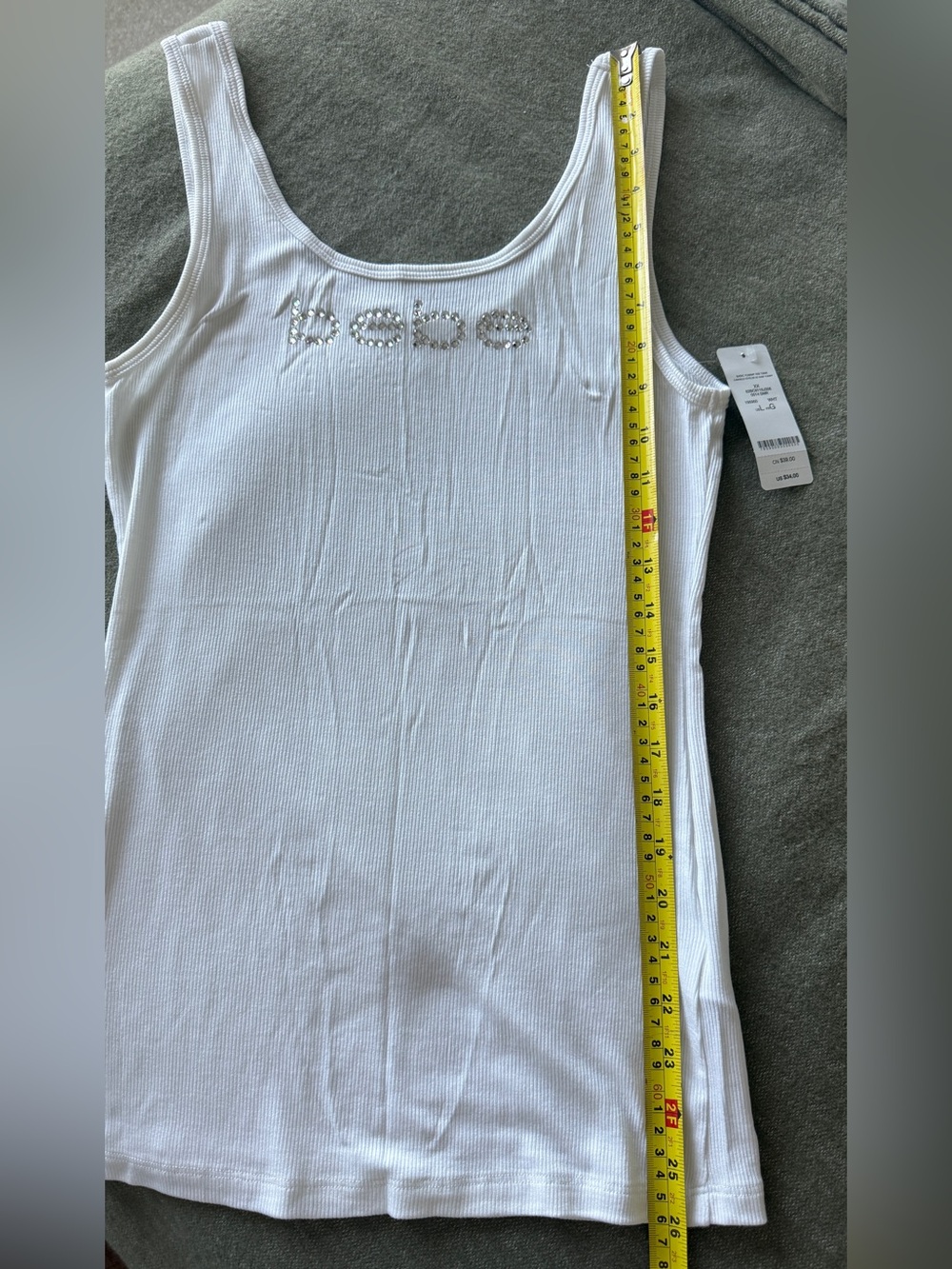 bebe White Ribbed Tank Top with Rhinestone Logo - Picture 5 of 6